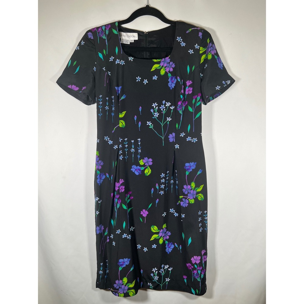 Maggy London Silk Floral Sheath Dress Black Purple Blue Green Womens 6